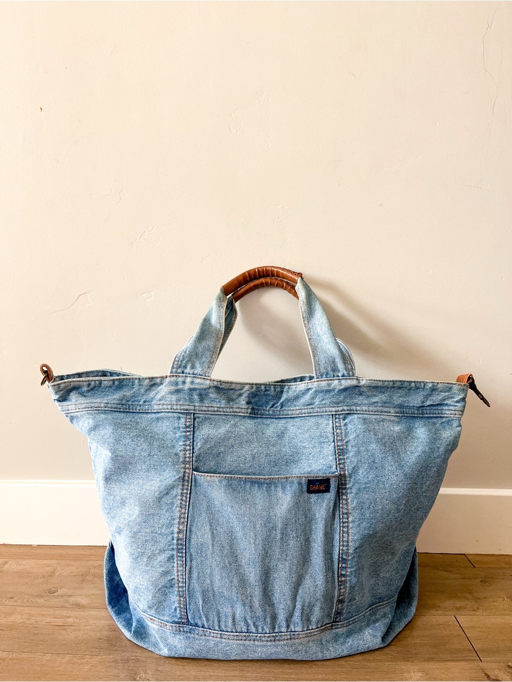 Vintage 80s Shane Light Wash Oversized Large Denim Tote Bag - Picture 2 of 14